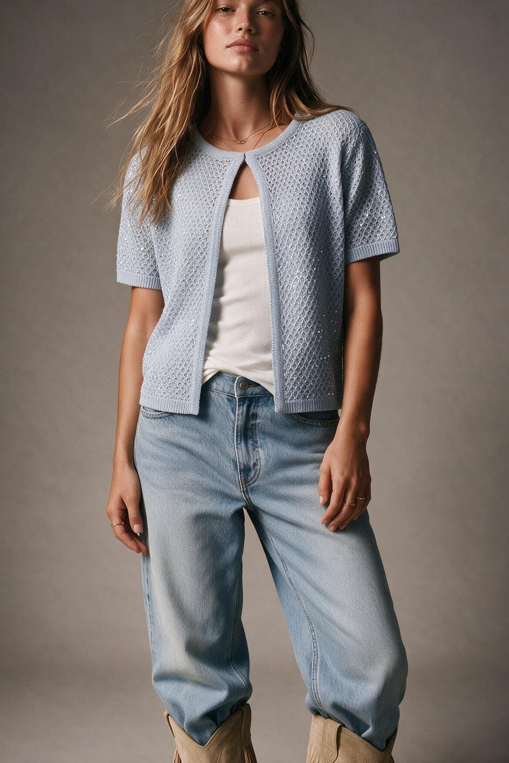 Light Blue Sequined Pointelle Short Sleeve Cardigan - cardigan