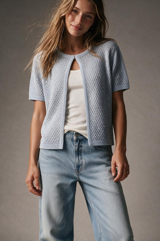 Light Blue Sequined Pointelle Short Sleeve Cardigan - cardigan