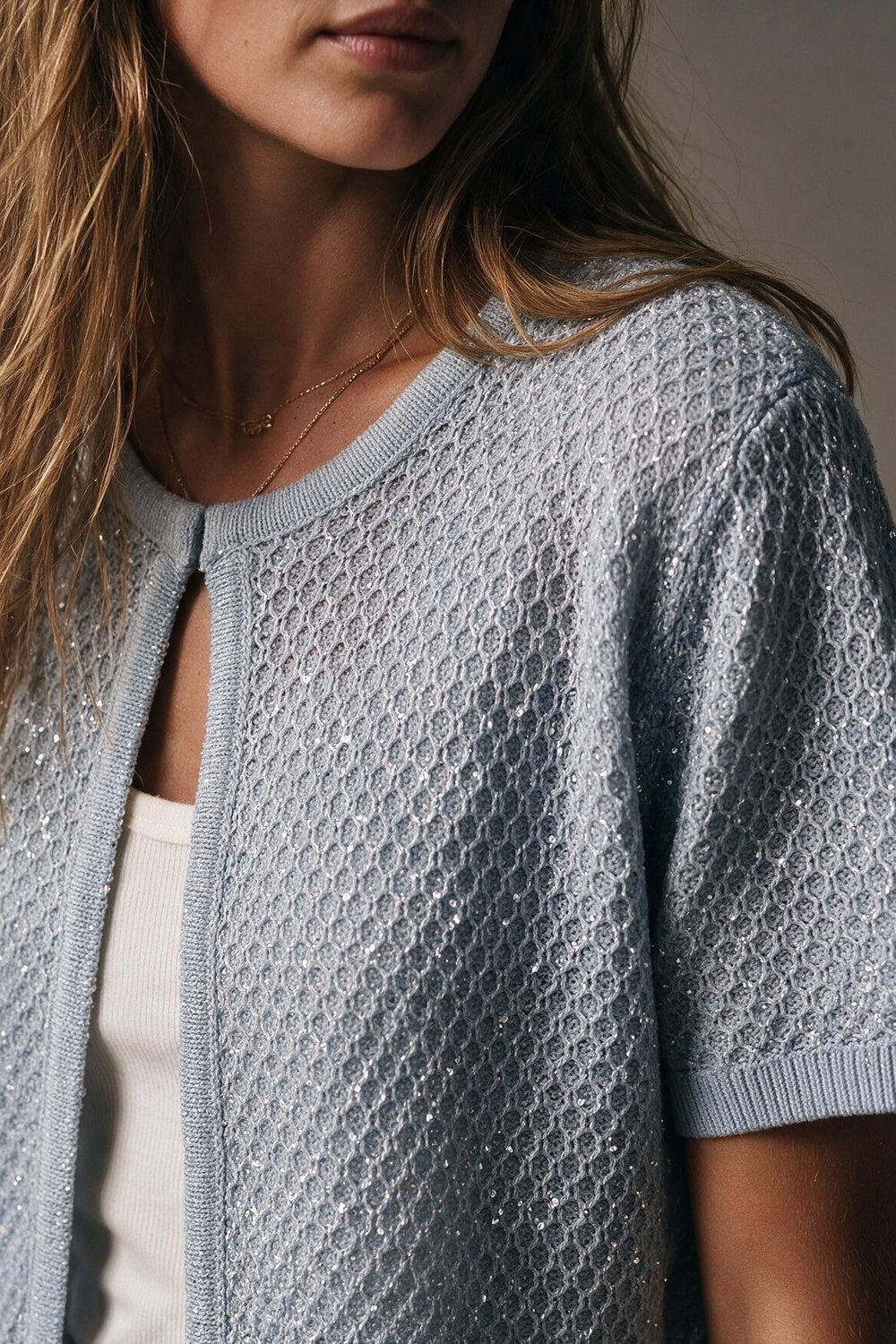 Light Blue Sequined Pointelle Short Sleeve Cardigan - cardigan