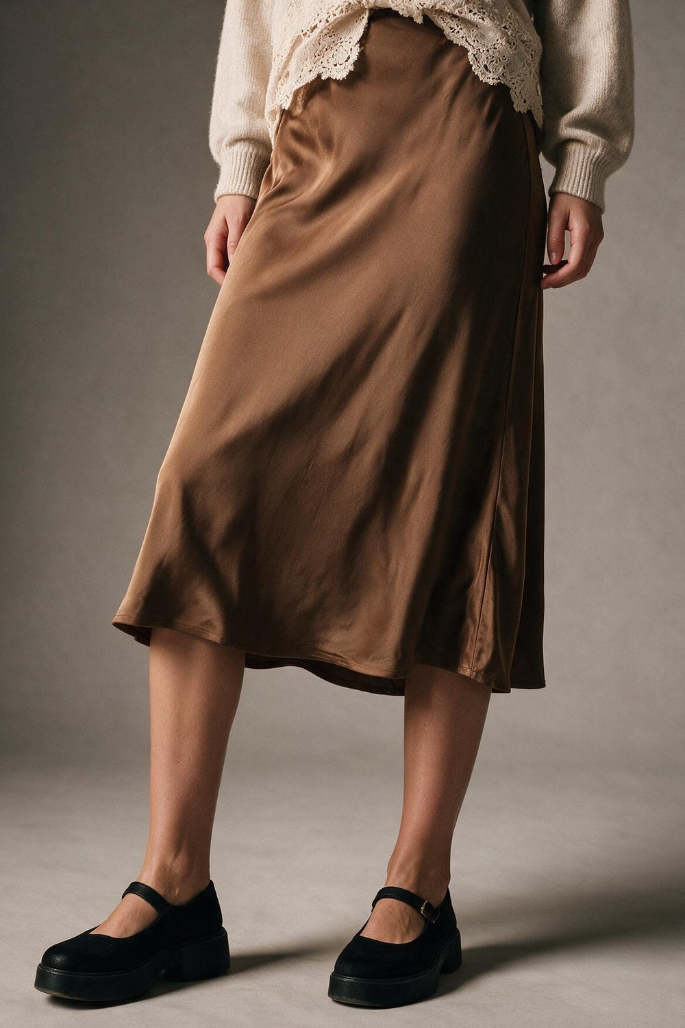 Camel Satin Bias Cut Midi Length Skirt no waistband