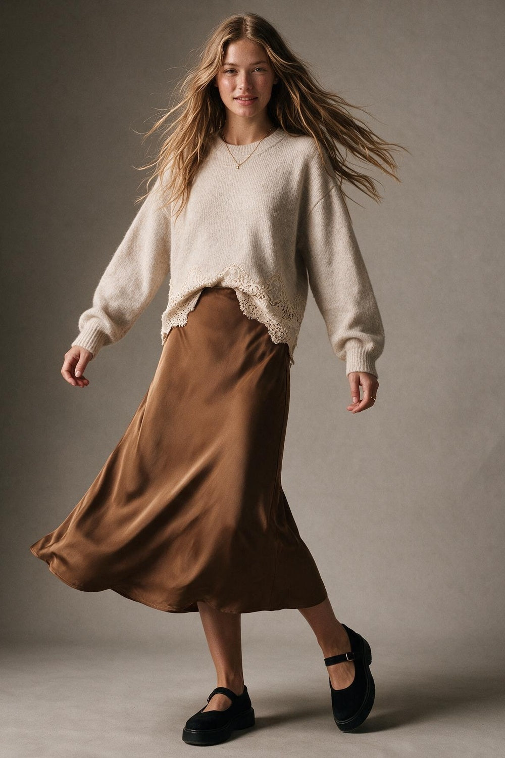 Camel Satin Bias Cut Midi Length Skirt no waistband - Skirts