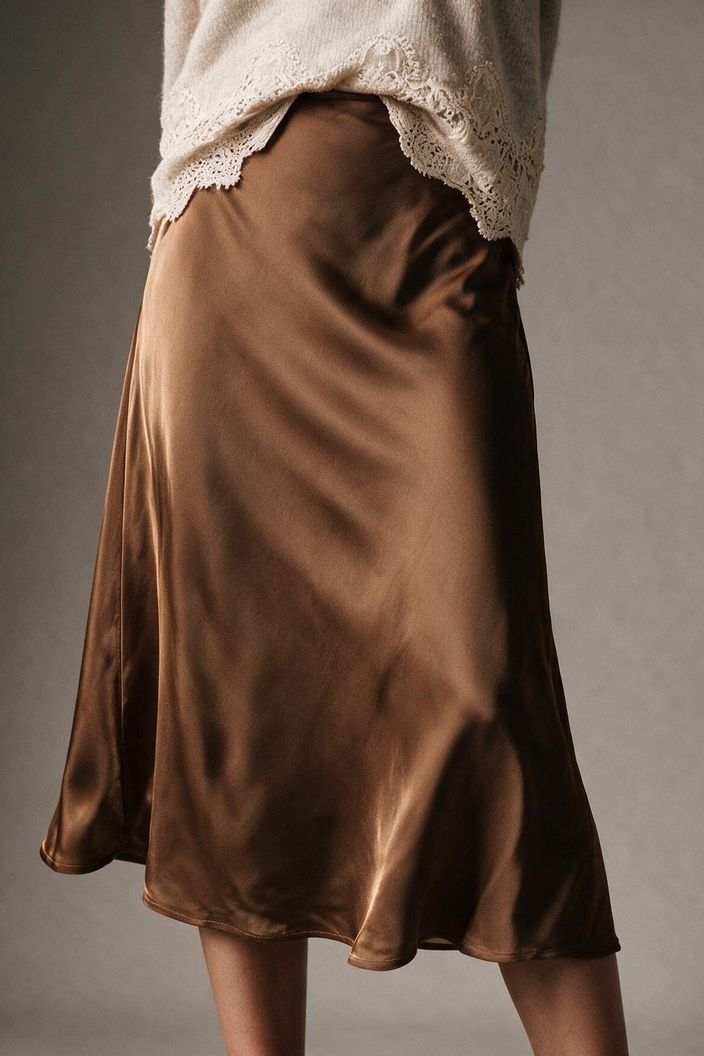 Camel Satin Bias Cut Midi Length Skirt no waistband - Skirts