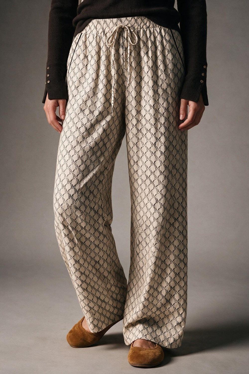 Cream horse Print Quilted Drawstring Wide Leg Pants