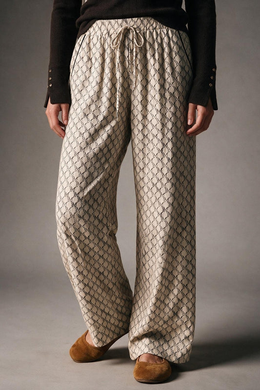 Cream horse Print Quilted Drawstring Wide Leg Pants - trousers
