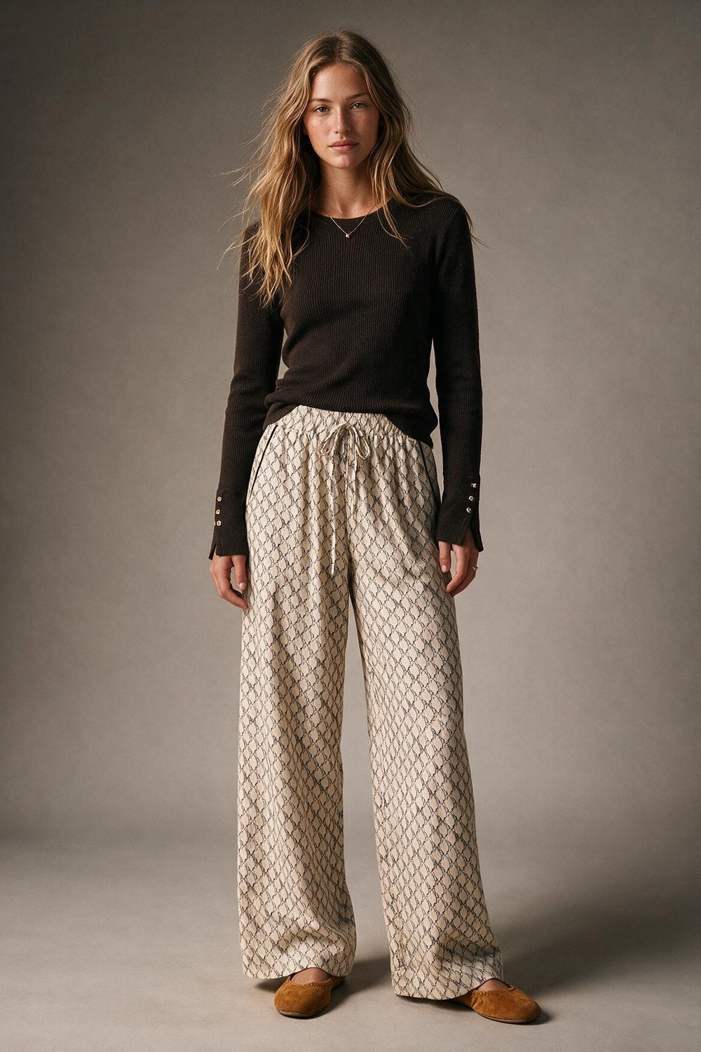 Cream horse Print Quilted Drawstring Wide Leg Pants - trousers