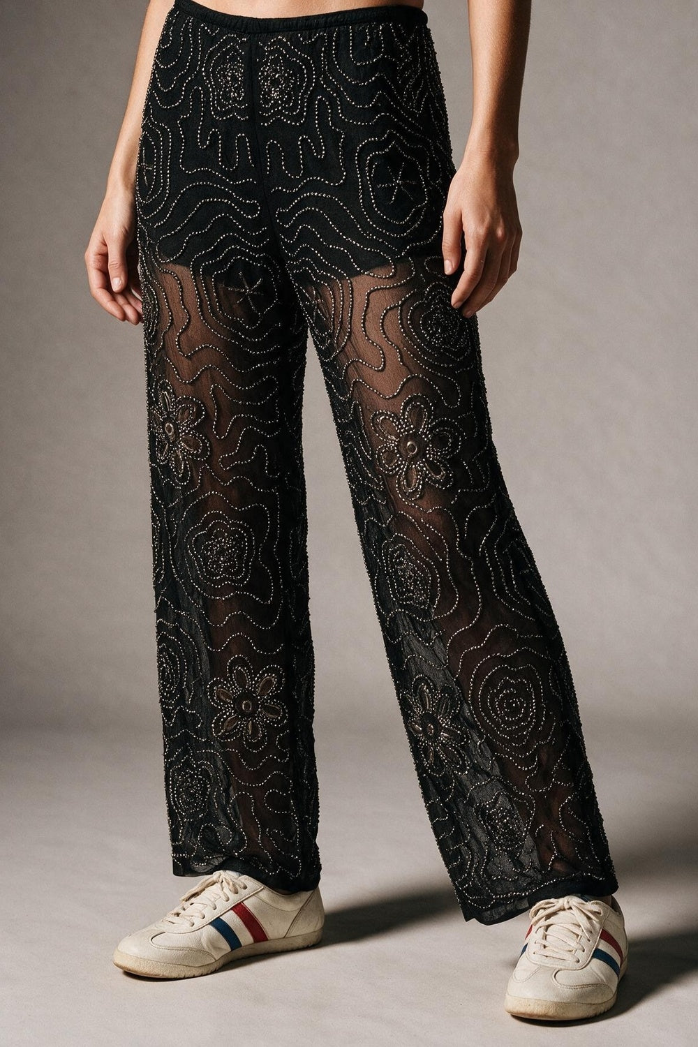 Black Floral Beaded Sheer Mesh Wide Leg Pants and sequins - trousers