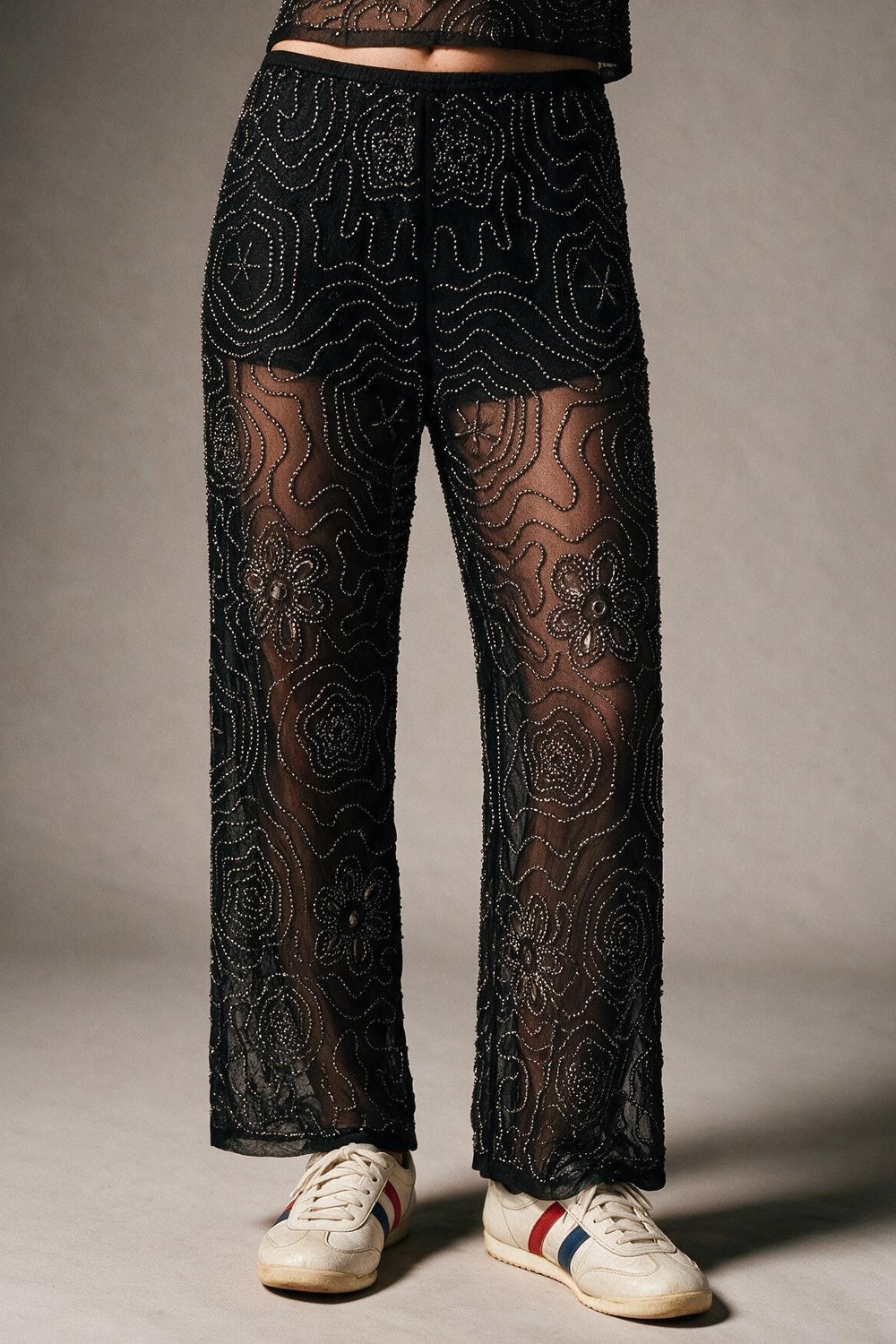 Black Floral Beaded Sheer Mesh Wide Leg Pants and sequins - trousers