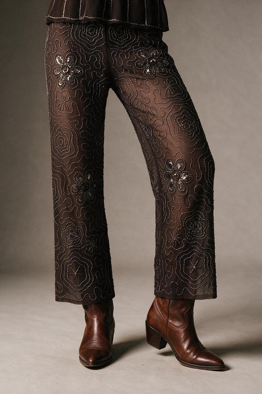 Brown Sequined Beaded Floral Woven Wide Leg Pants - trousers