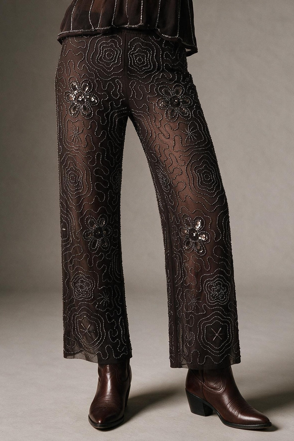 Brown Sequined Beaded Floral Woven Wide Leg Pants - trousers