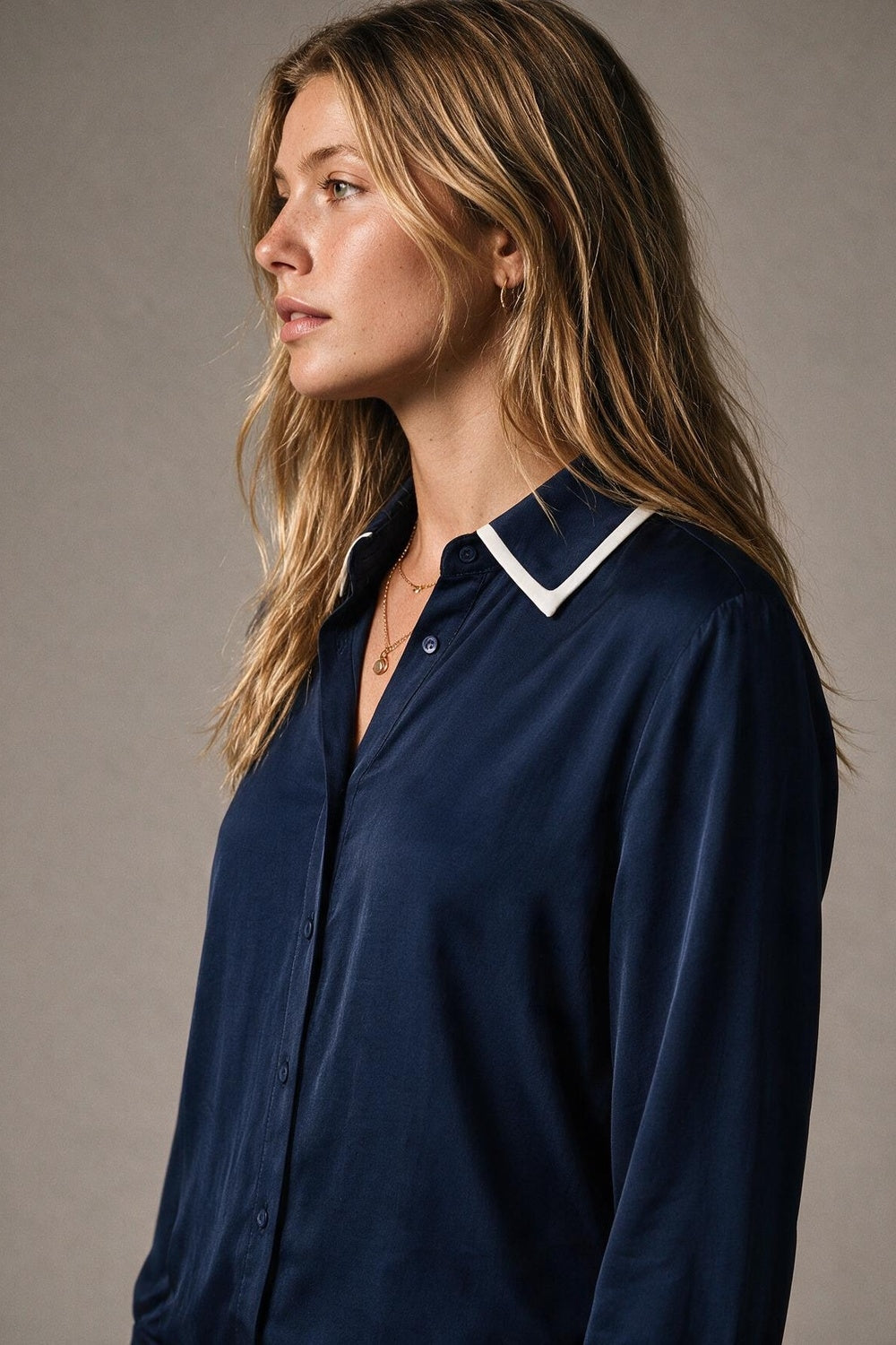 Navy Lightweight satin Contrast Collar Button Front Shirt - Shirts