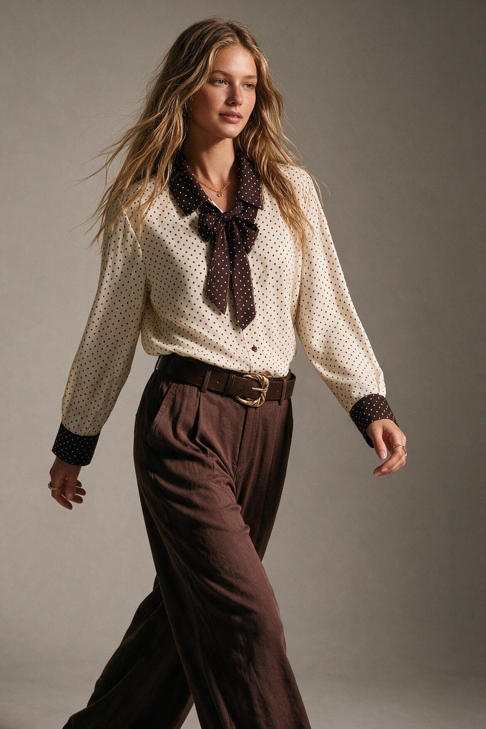 Cream Polka-Dot Print Long Sleeve Blouse with burgundy Contrast Bow Tie - Shirts