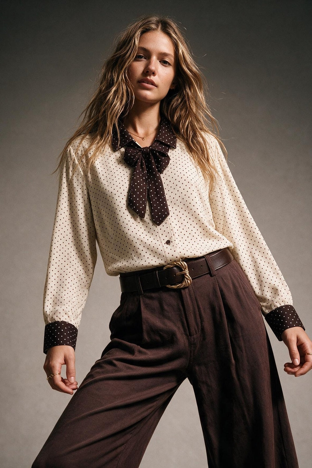 Cream Polka-Dot Print Long Sleeve Blouse with burgundy Contrast Bow Tie - Shirts