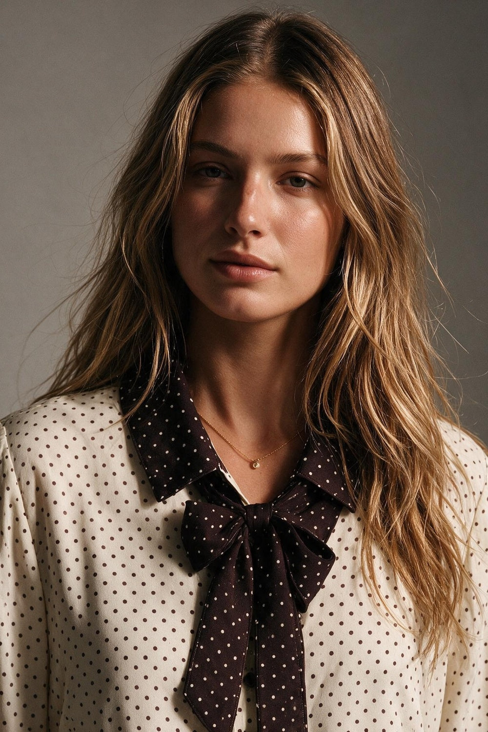 Cream Polka-Dot Print Long Sleeve Blouse with burgundy Contrast Bow Tie - Shirts