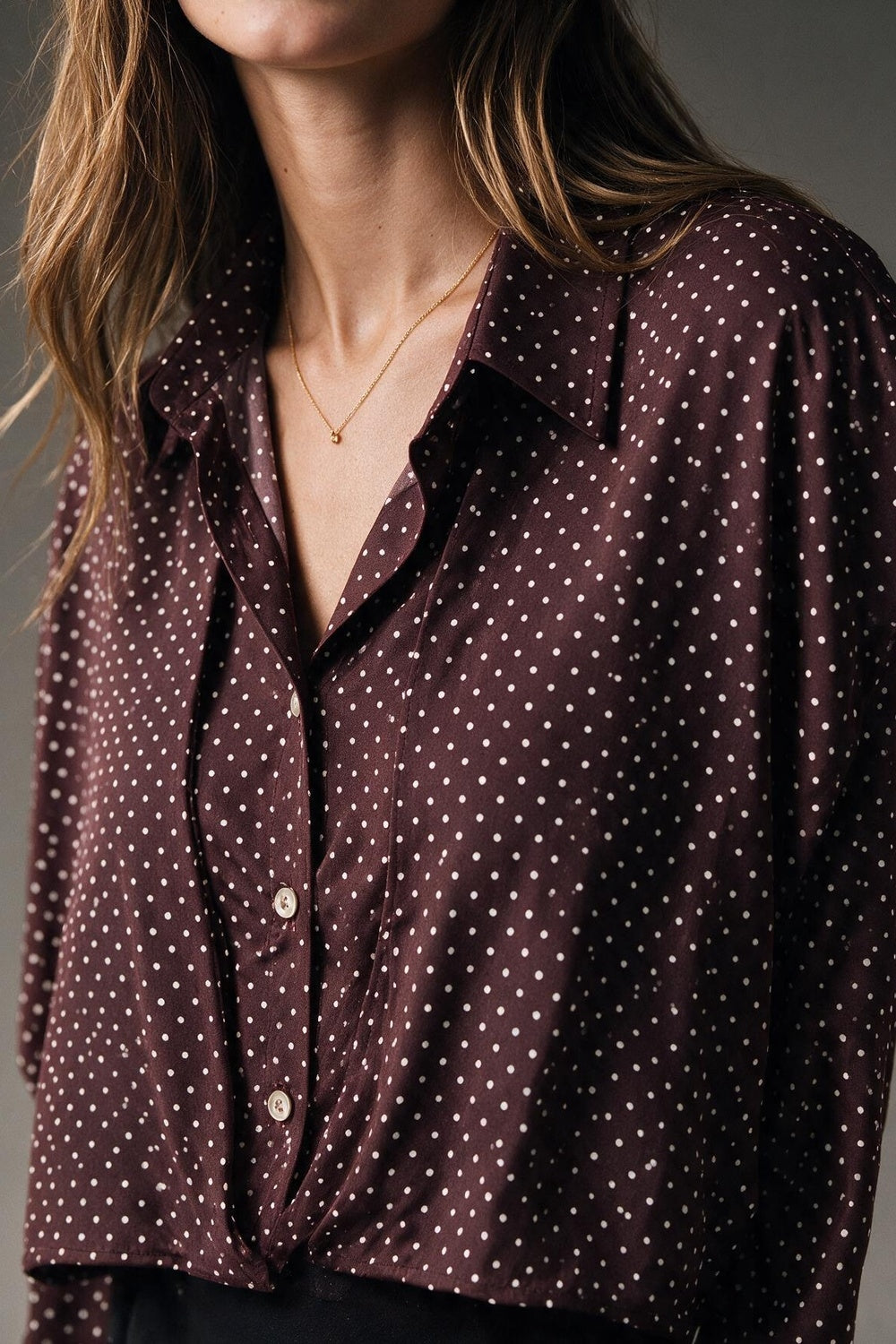 Burgundy Polka-Dot satin Cropped Button Up Shirt - Shirts