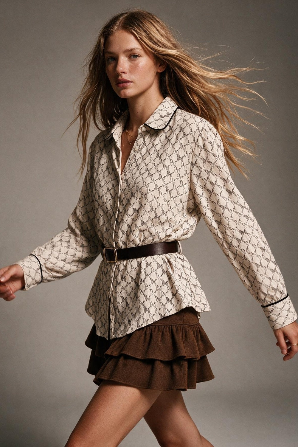 Cream Horse Print Lightweight Woven Piped Belted Shirt - Shirts
