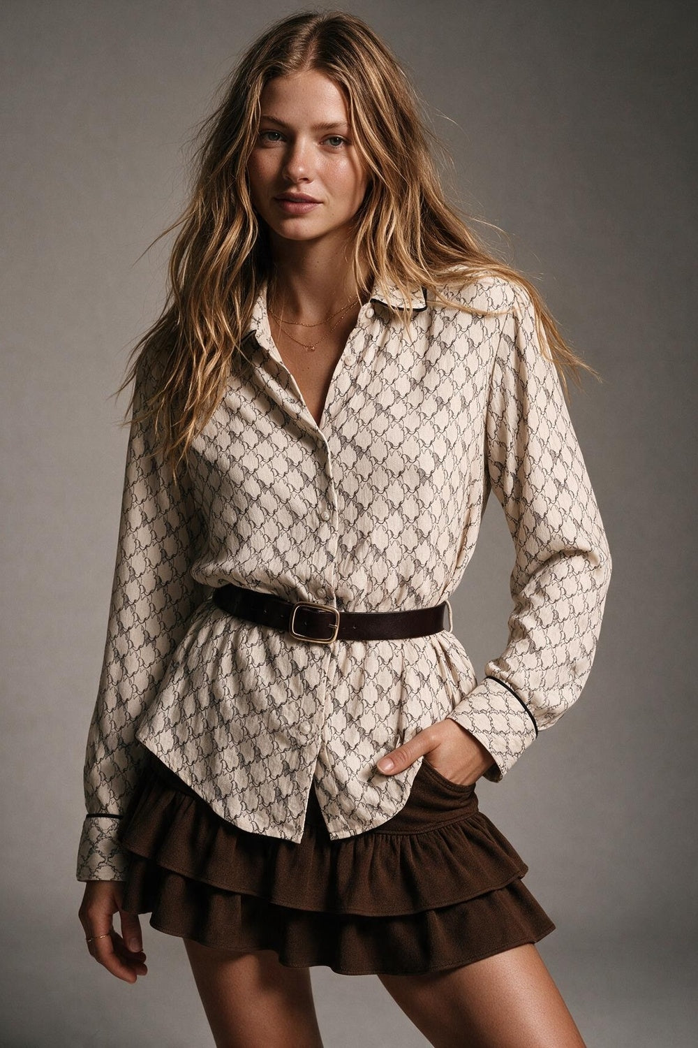 Cream Horse Print Lightweight Woven Piped Belted Shirt - Shirts