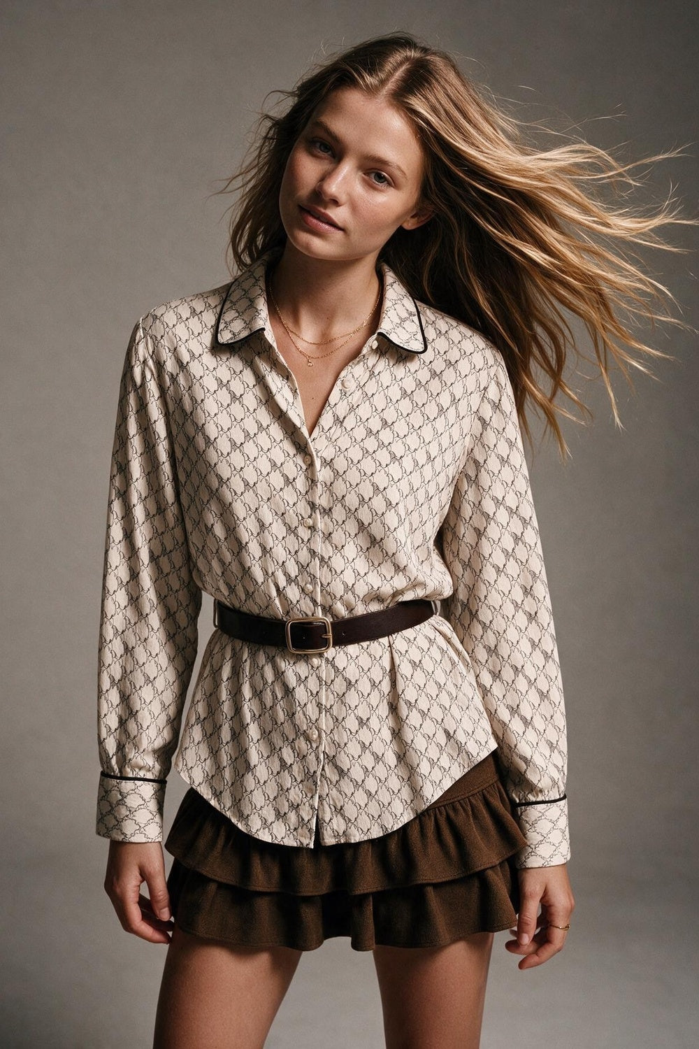 Cream Horse Print Lightweight Woven Piped Belted Shirt - Shirts