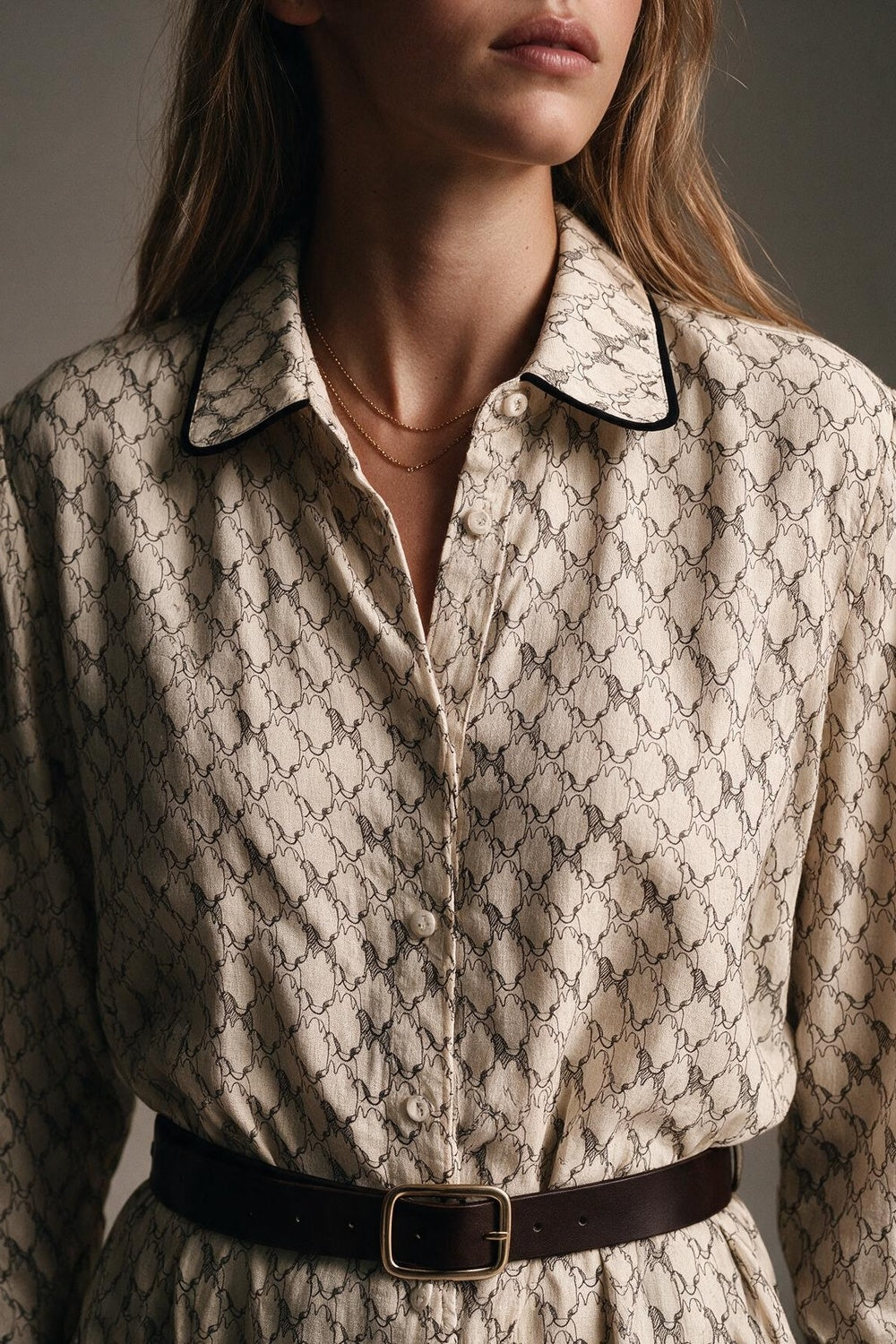 Cream Horse Print Lightweight Woven Piped Belted Shirt - Shirts