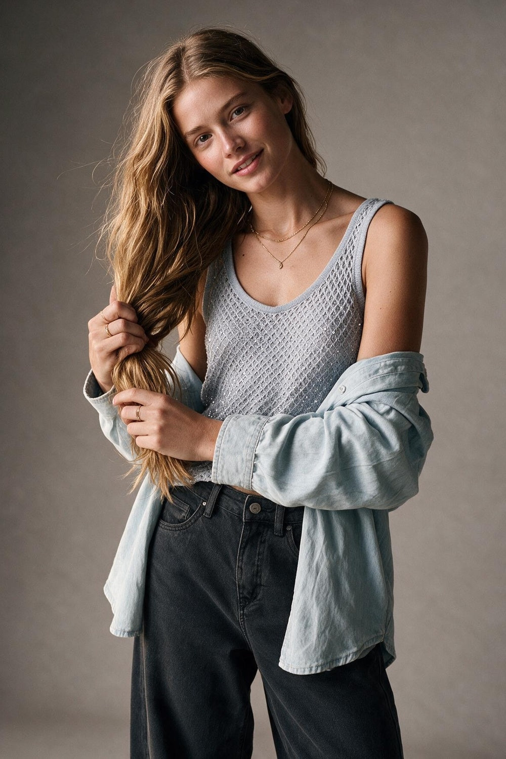 Light Blue Sequined knitted Crochet V Neck Cropped Tank Top - top
