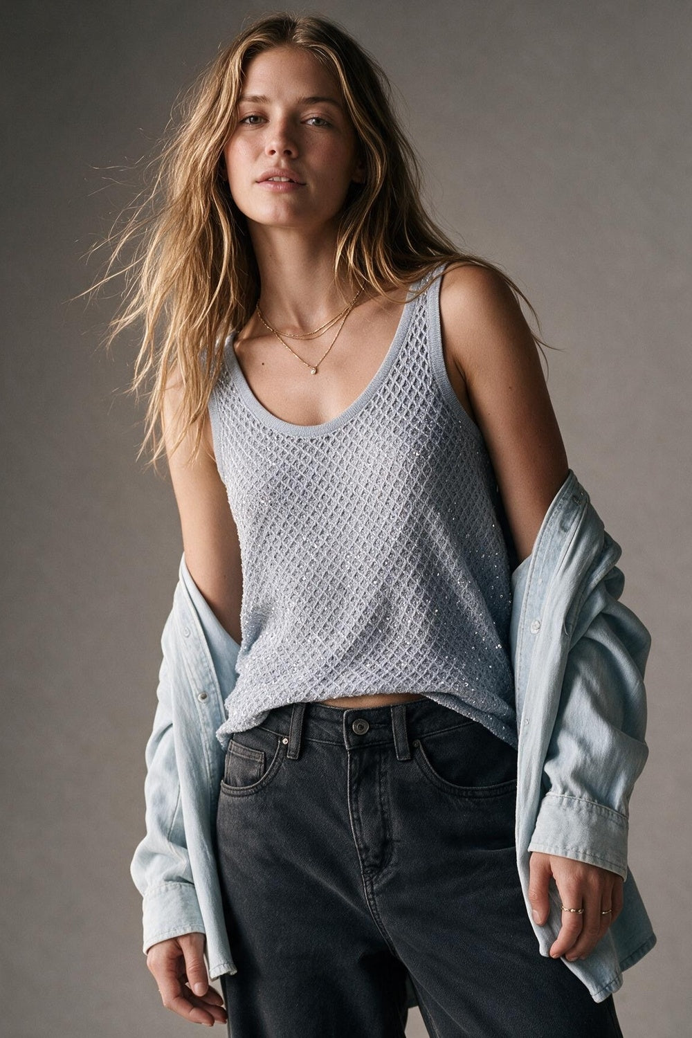 Light Blue Sequined knitted Crochet V Neck Cropped Tank Top - top