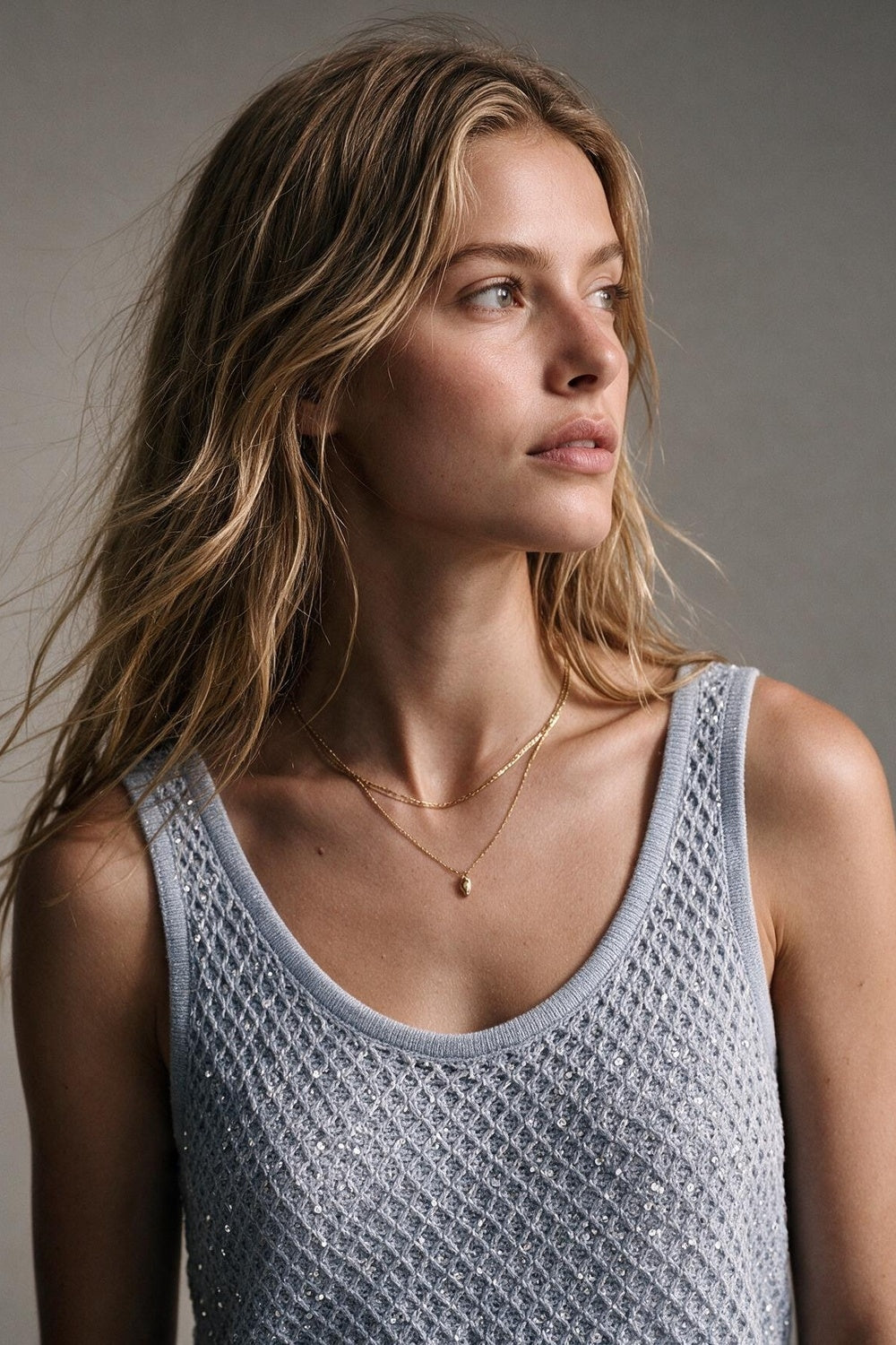 Light Blue Sequined knitted Crochet V Neck Cropped Tank Top - top