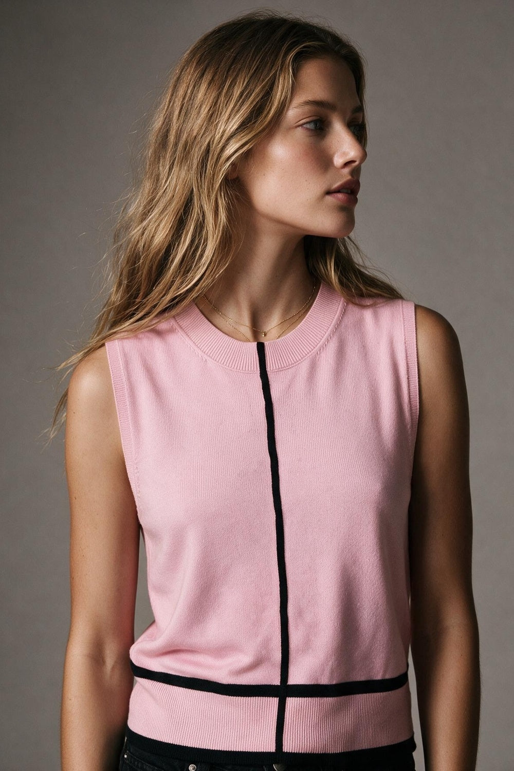 Light Pink Fine Knit Contrast Seam Sleeveless Vest with round neck - jumper