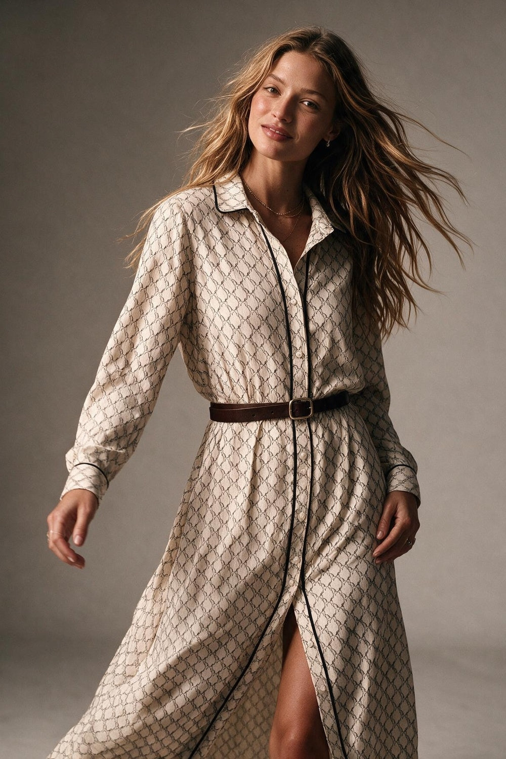 Cream Horses Printed Woven Piped Belted Maxi Shirt Dress - dress