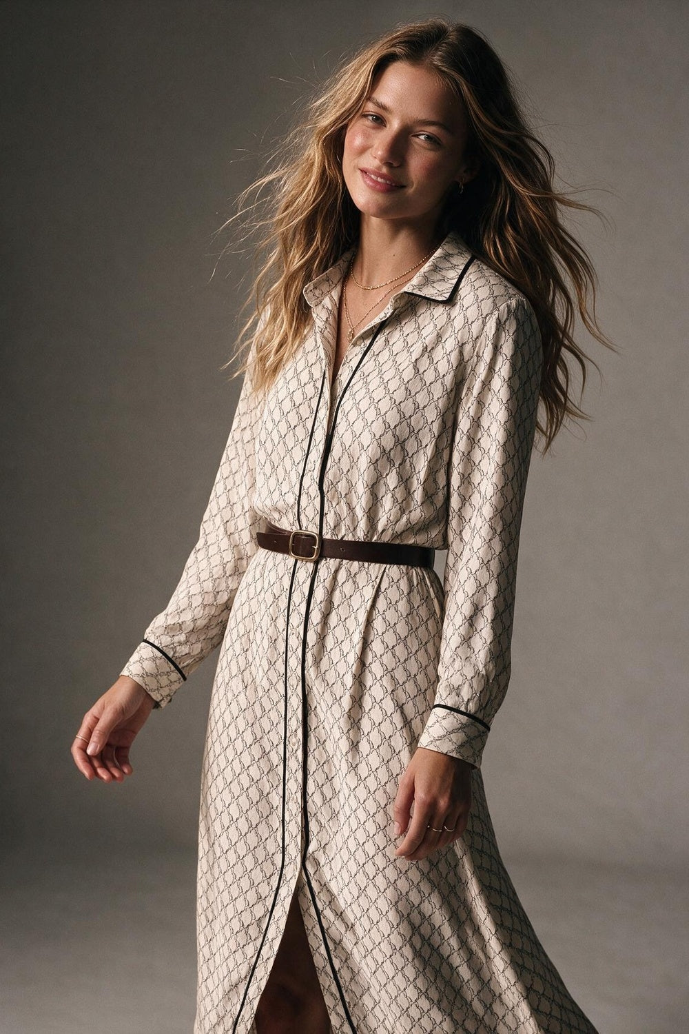 Cream Horses Printed Woven Piped Belted Maxi Shirt Dress - dress