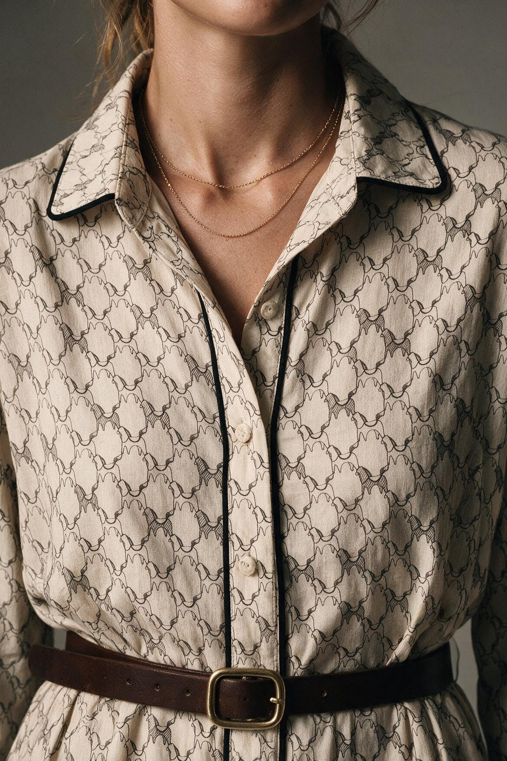 Cream Horses Printed Woven Piped Belted Maxi Shirt Dress - dress