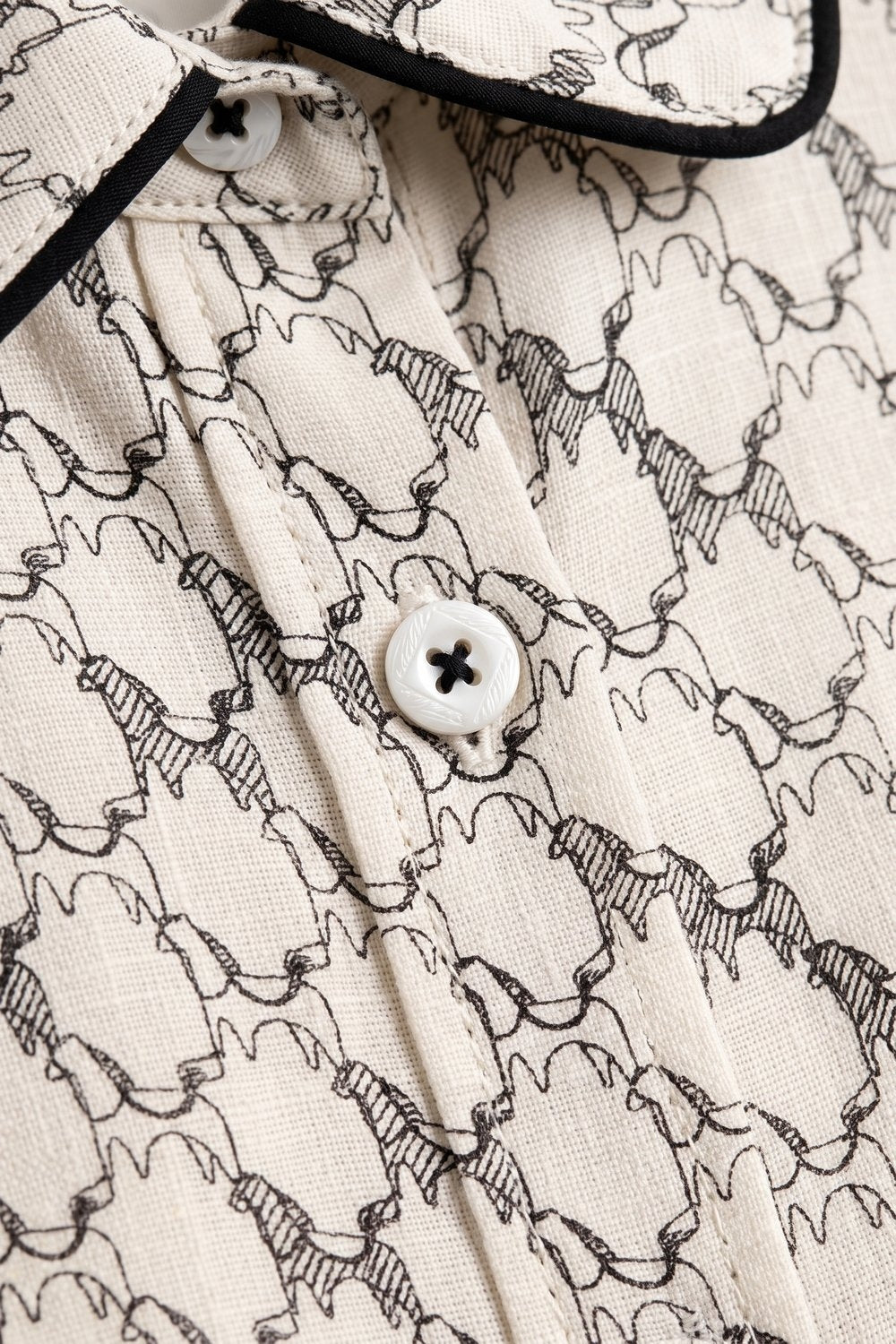 Cream Horse Print Lightweight Woven Piped Belted Shirt - Shirts