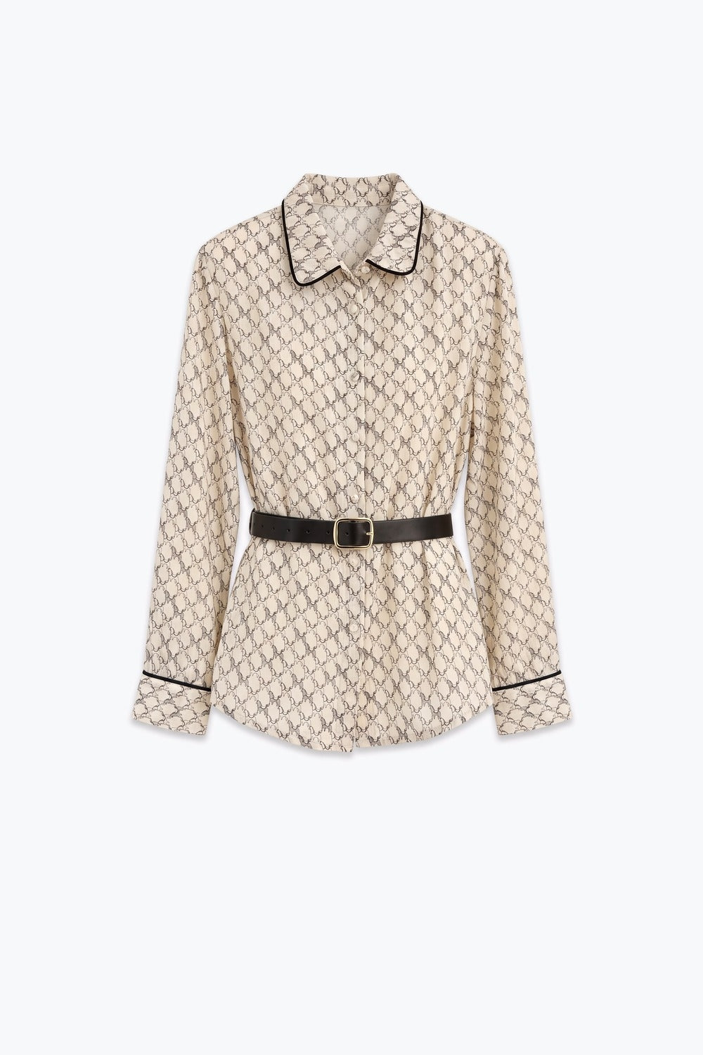 Cream Horse Print Lightweight Woven Piped Belted Shirt - Shirts