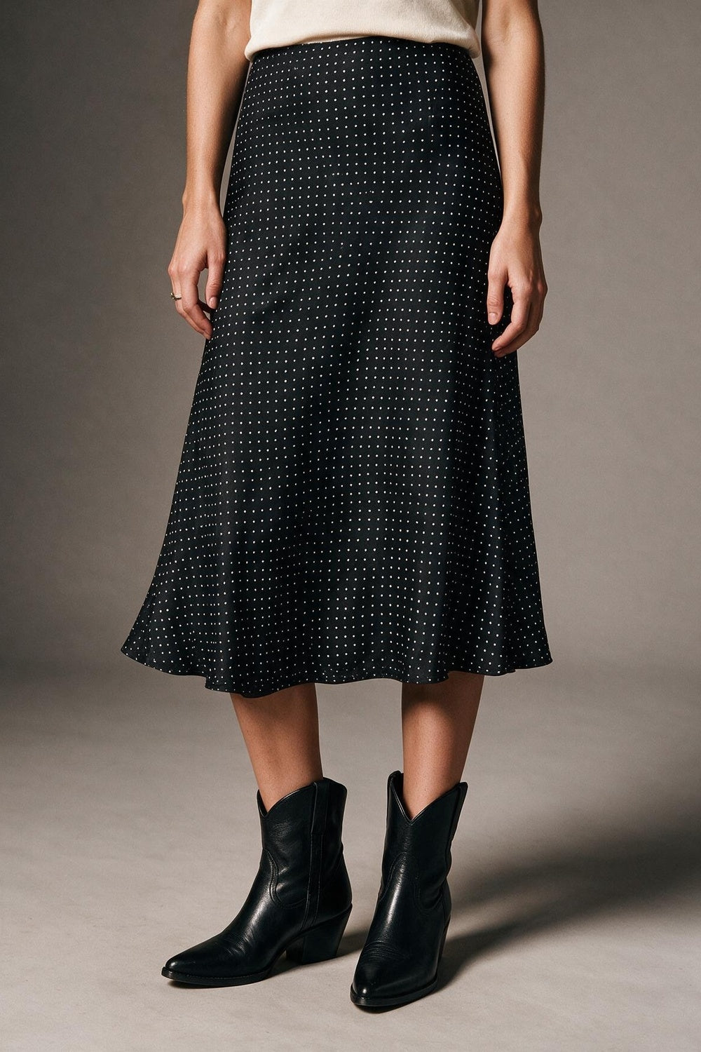 Black Polka-Dot Print Lightweight Woven A-Line Midi Skirt no waistband - Skirts