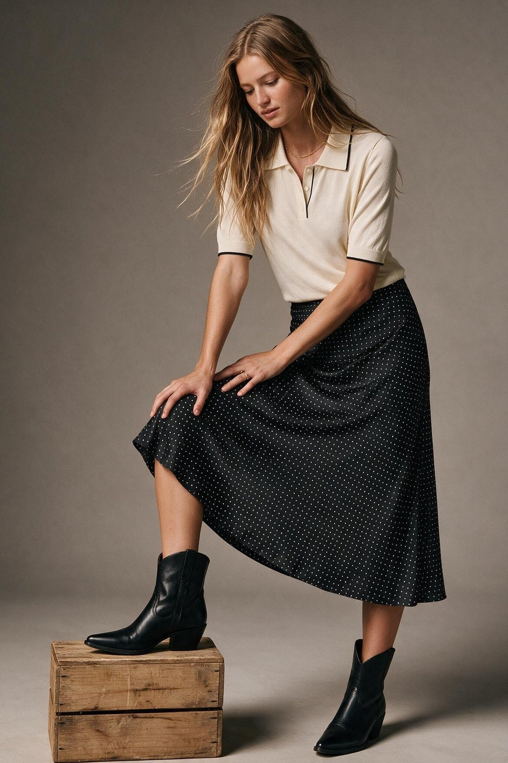 Black Polka-Dot Print Lightweight Woven A-Line Midi Skirt no waistband - Skirts
