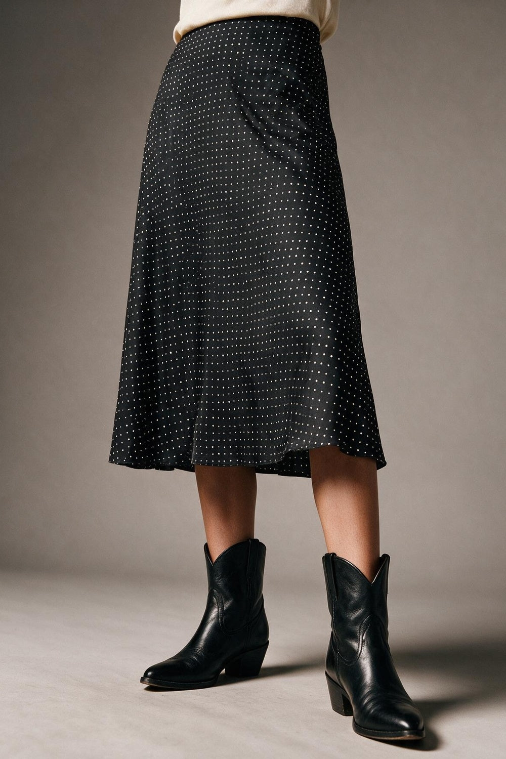 Black Polka-Dot Print Lightweight Woven A-Line Midi Skirt no waistband - Skirts