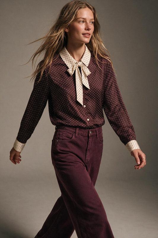 Burgundy satin Polka-Dot Print Blouse Shirt with cream Contrast Bow Tie - Shirts