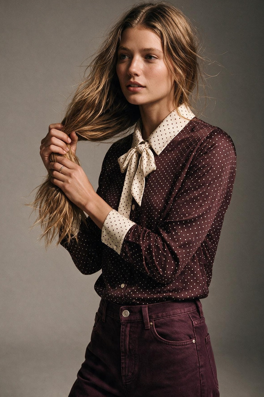 Burgundy satin Polka-Dot Print Blouse Shirt with cream Contrast Bow Tie - Shirts
