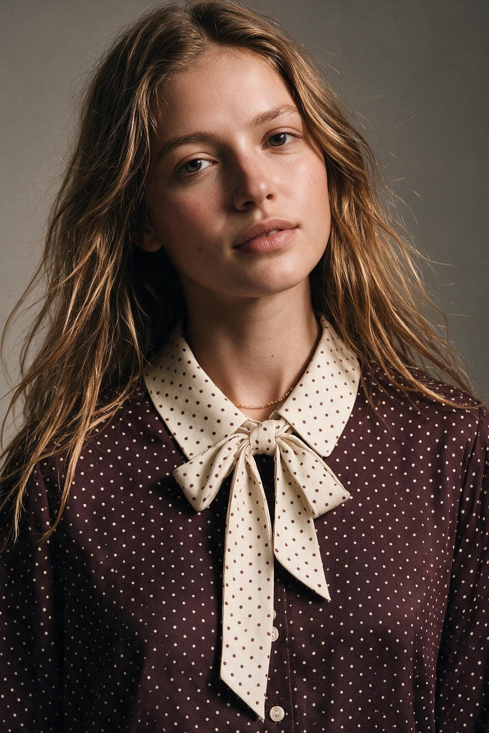 Burgundy satin Polka-Dot Print Blouse Shirt with cream Contrast Bow Tie - Shirts