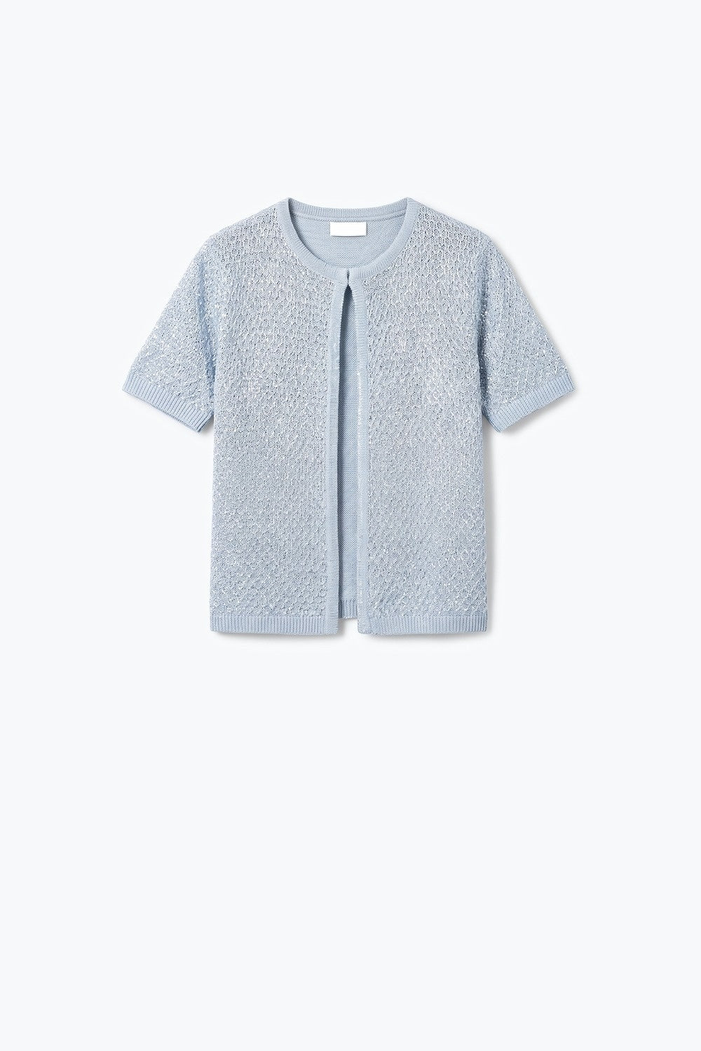 Light Blue Sequined Pointelle Short Sleeve Cardigan - cardigan