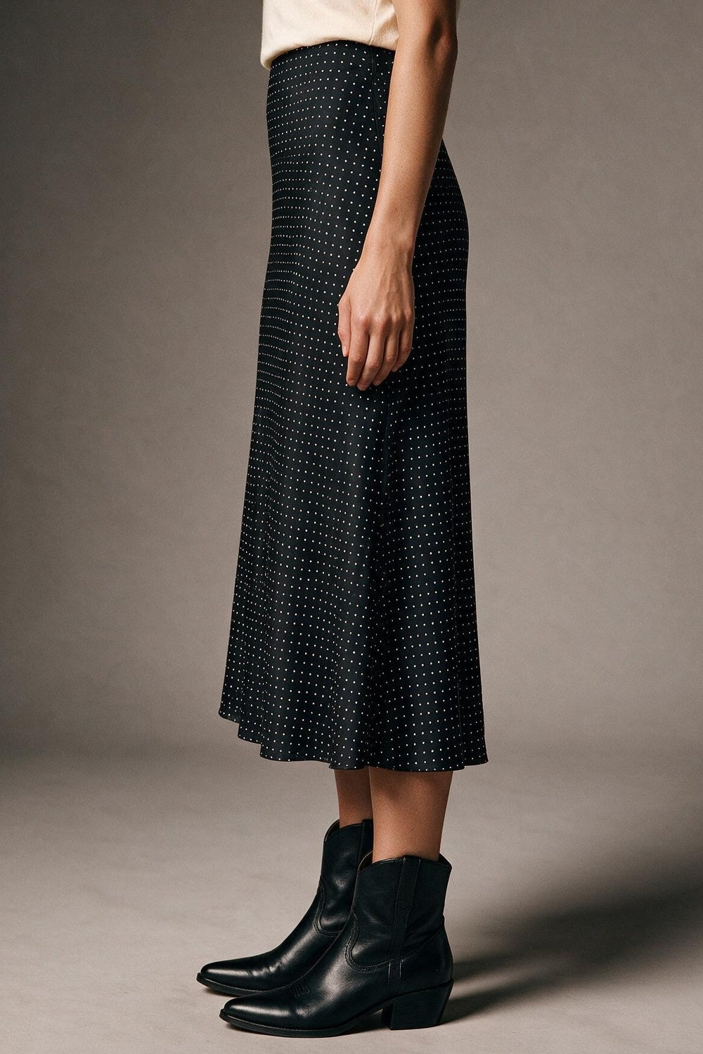 Black Polka-Dot Print Lightweight Woven A-Line Midi Skirt no waistband - Skirts