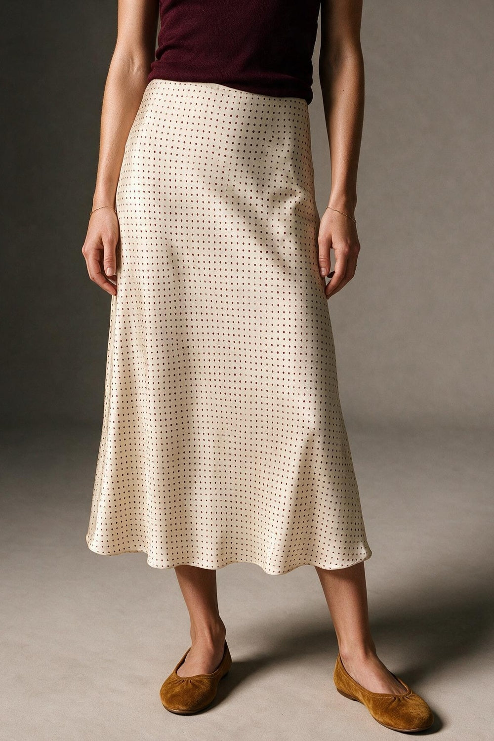 Beige Polka-Dot Print Satin Bias Cut Midi Skirt no waistband - Skirts