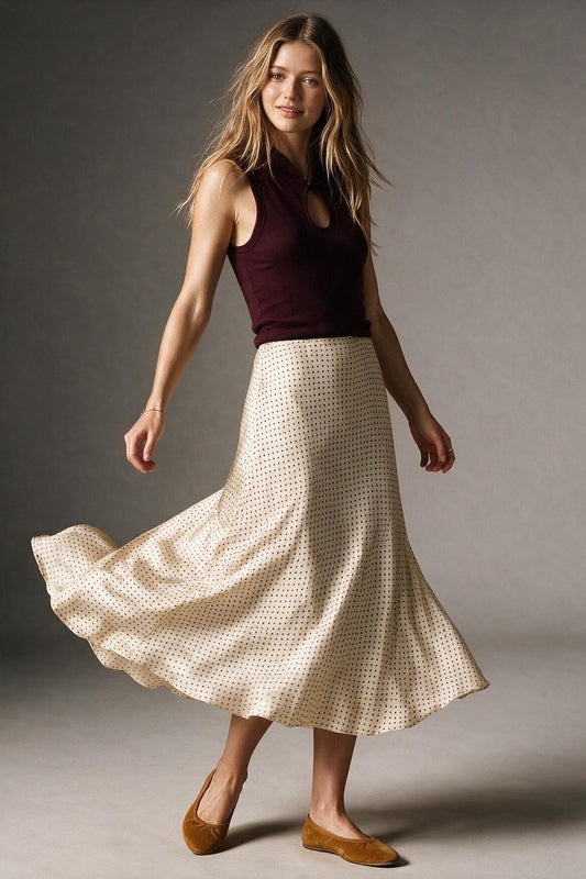 Beige Polka-Dot Print Satin Bias Cut Midi Skirt no waistband - Skirts