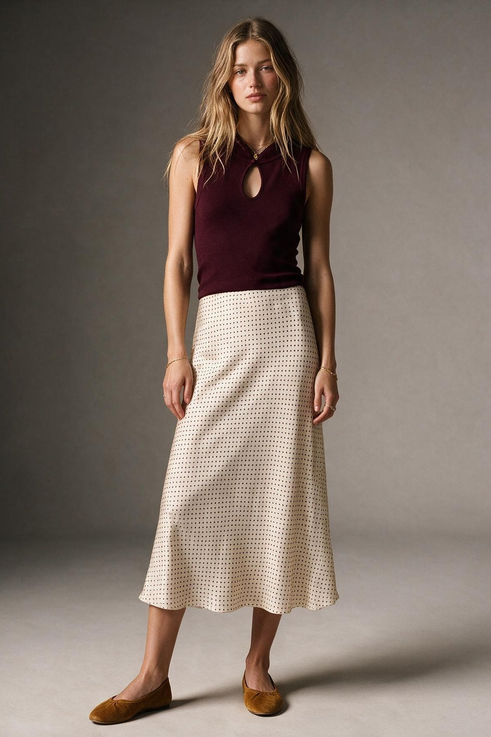 Beige Polka-Dot Print Satin Bias Cut Midi Skirt no waistband - Skirts