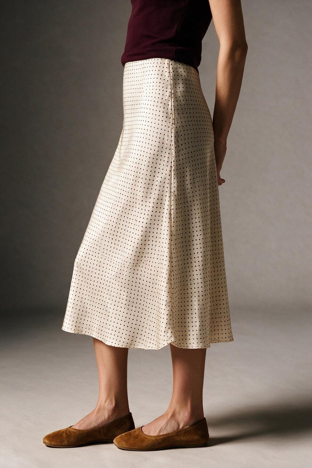 Beige Polka-Dot Print Satin Bias Cut Midi Skirt no waistband - Skirts