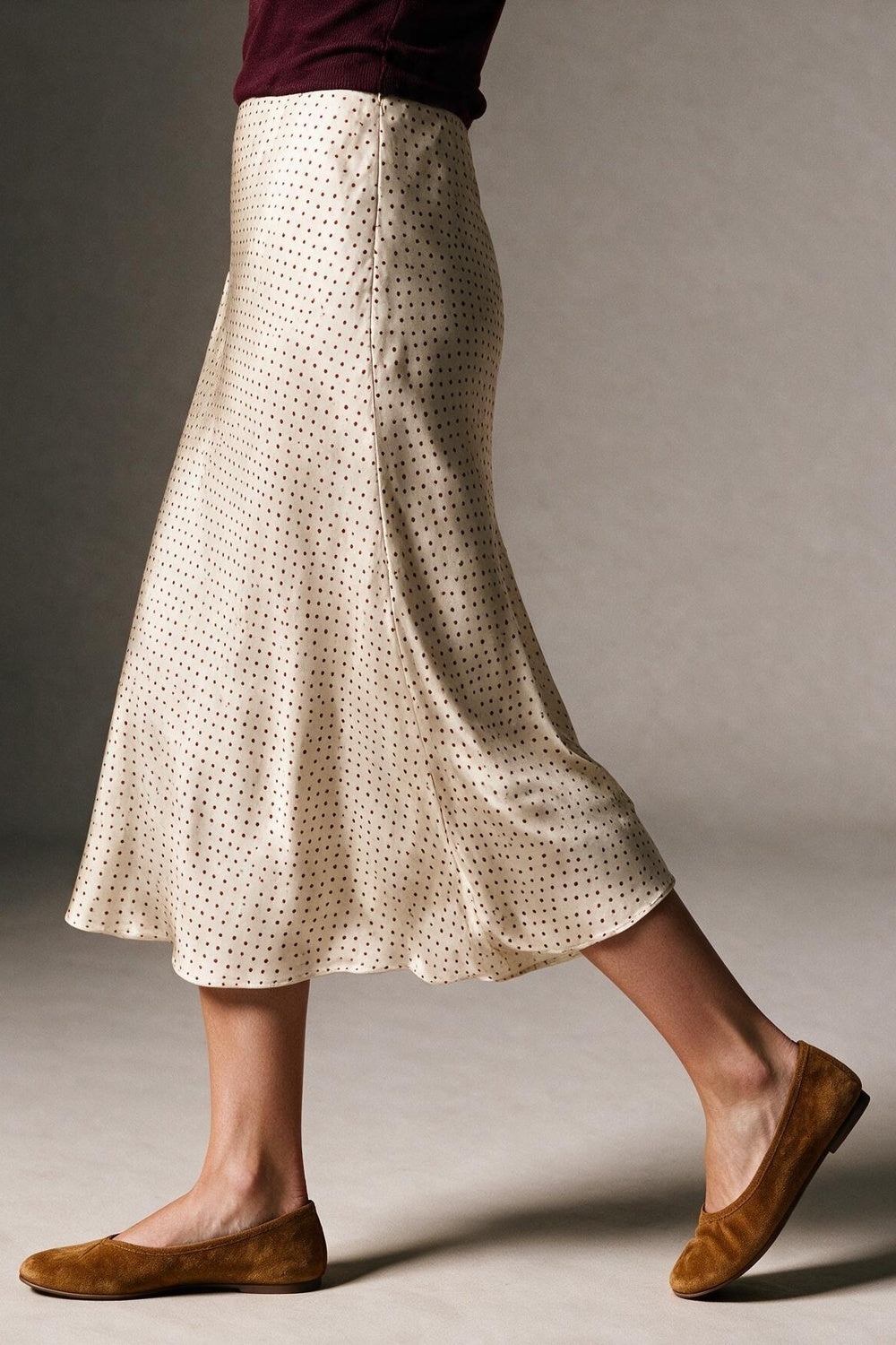 Beige Polka-Dot Print Satin Bias Cut Midi Skirt no waistband - Skirts