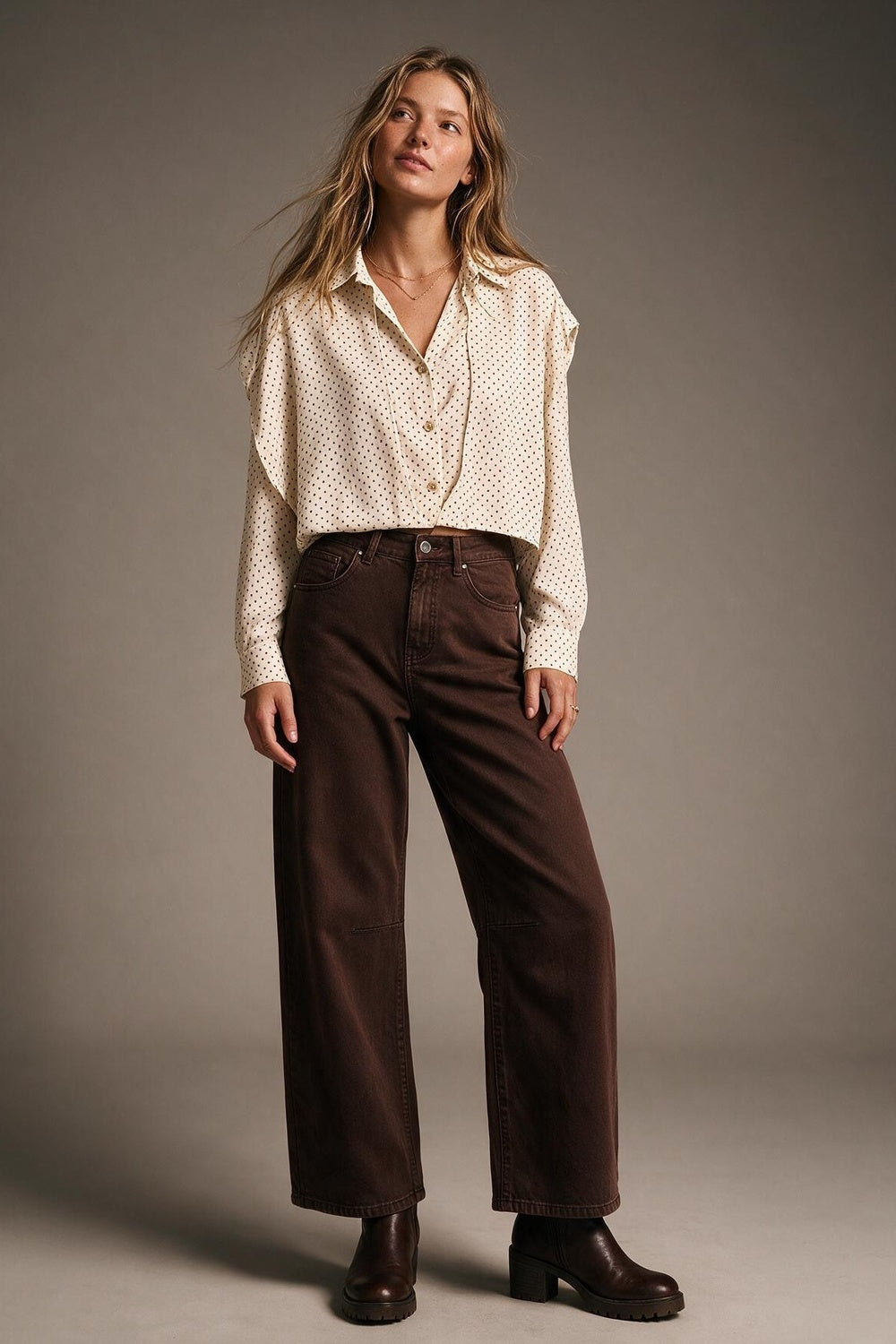 Cream Polka-Dot Lightweight satin Cropped Button Shirt - Shirts