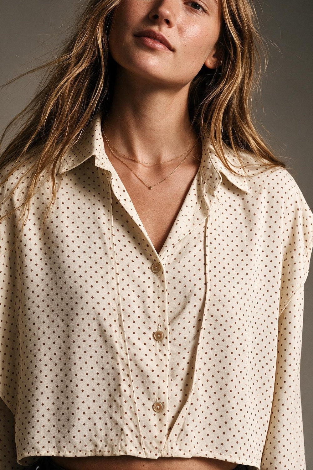 Cream Polka-Dot Lightweight satin Cropped Button Shirt - Shirts