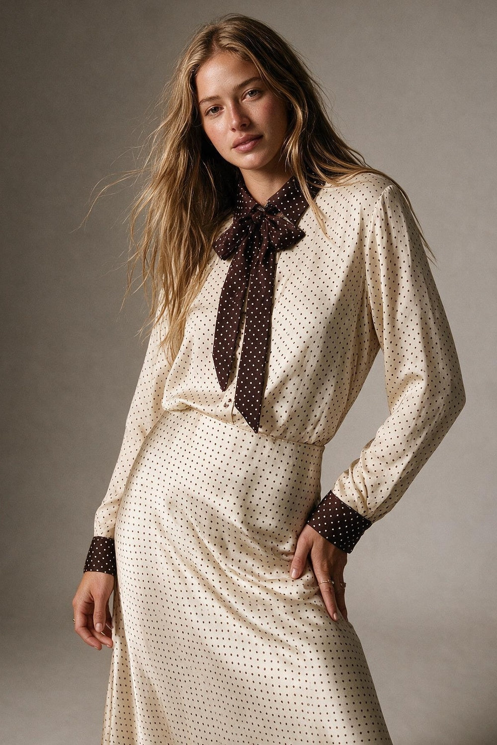 Cream Polka-Dot Print Long Sleeve Blouse with burgundy Contrast Bow Tie - Shirts