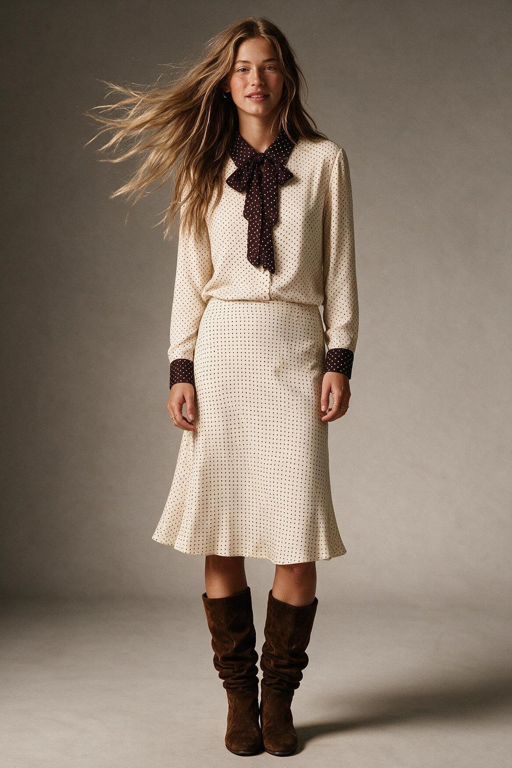 Cream Polka-Dot Print Long Sleeve Blouse with burgundy Contrast Bow Tie - Shirts