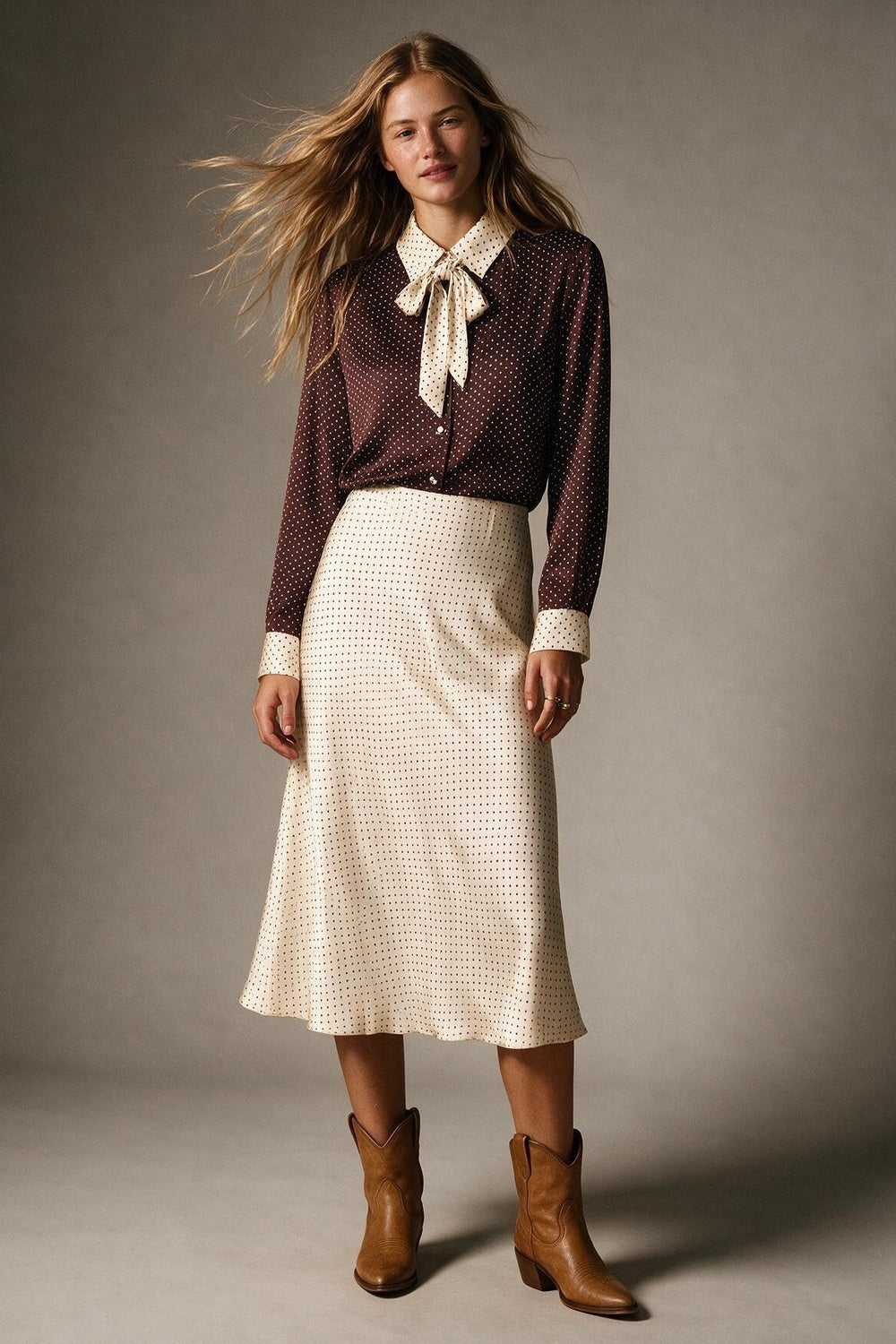 Burgundy satin Polka-Dot Print Blouse Shirt with cream Contrast Bow Tie - Shirts