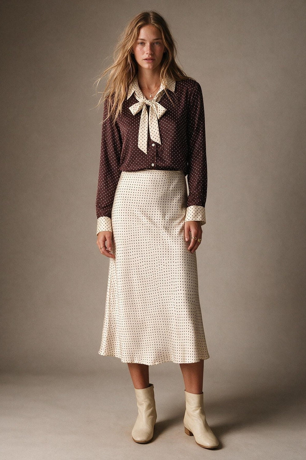 Beige Polka-Dot Print Satin Bias Cut Midi Skirt no waistband - Skirts